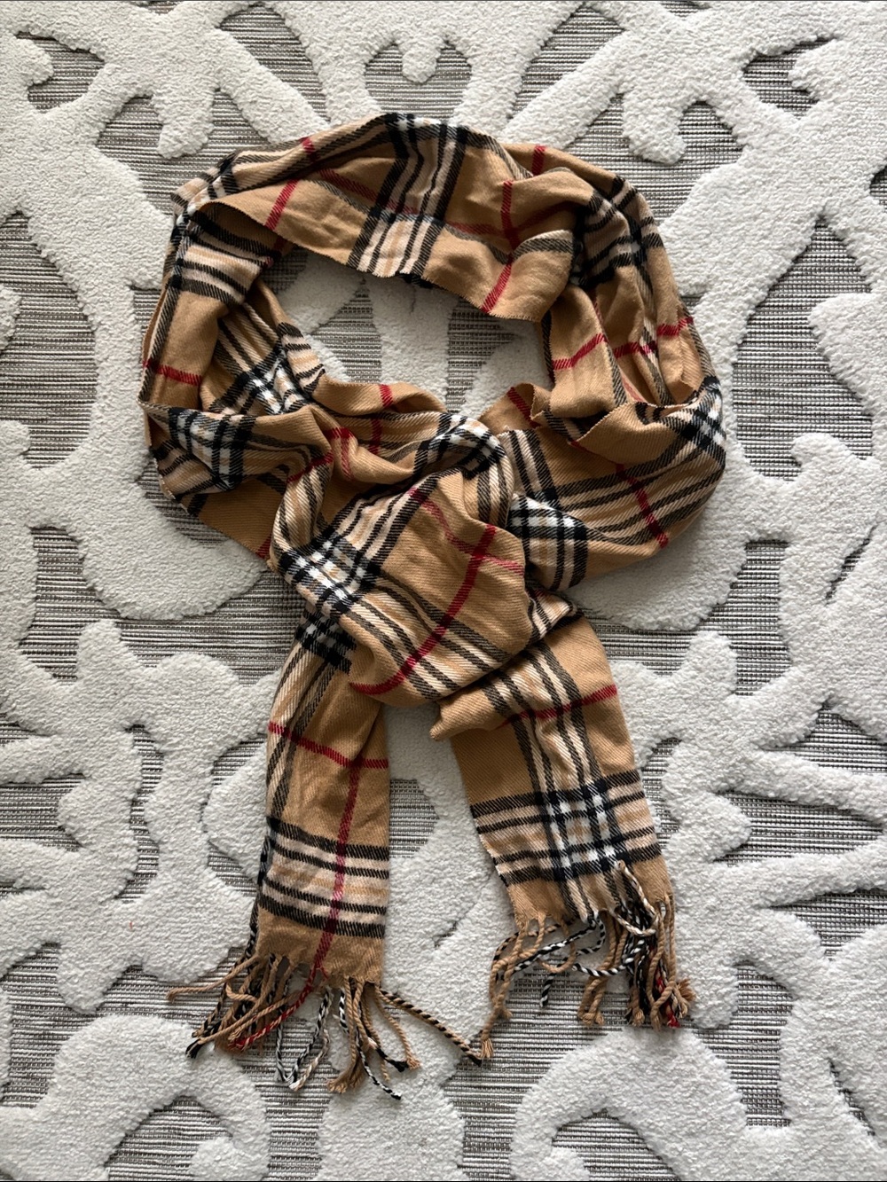Tan Plaid Fringe Scarf with Classic Check